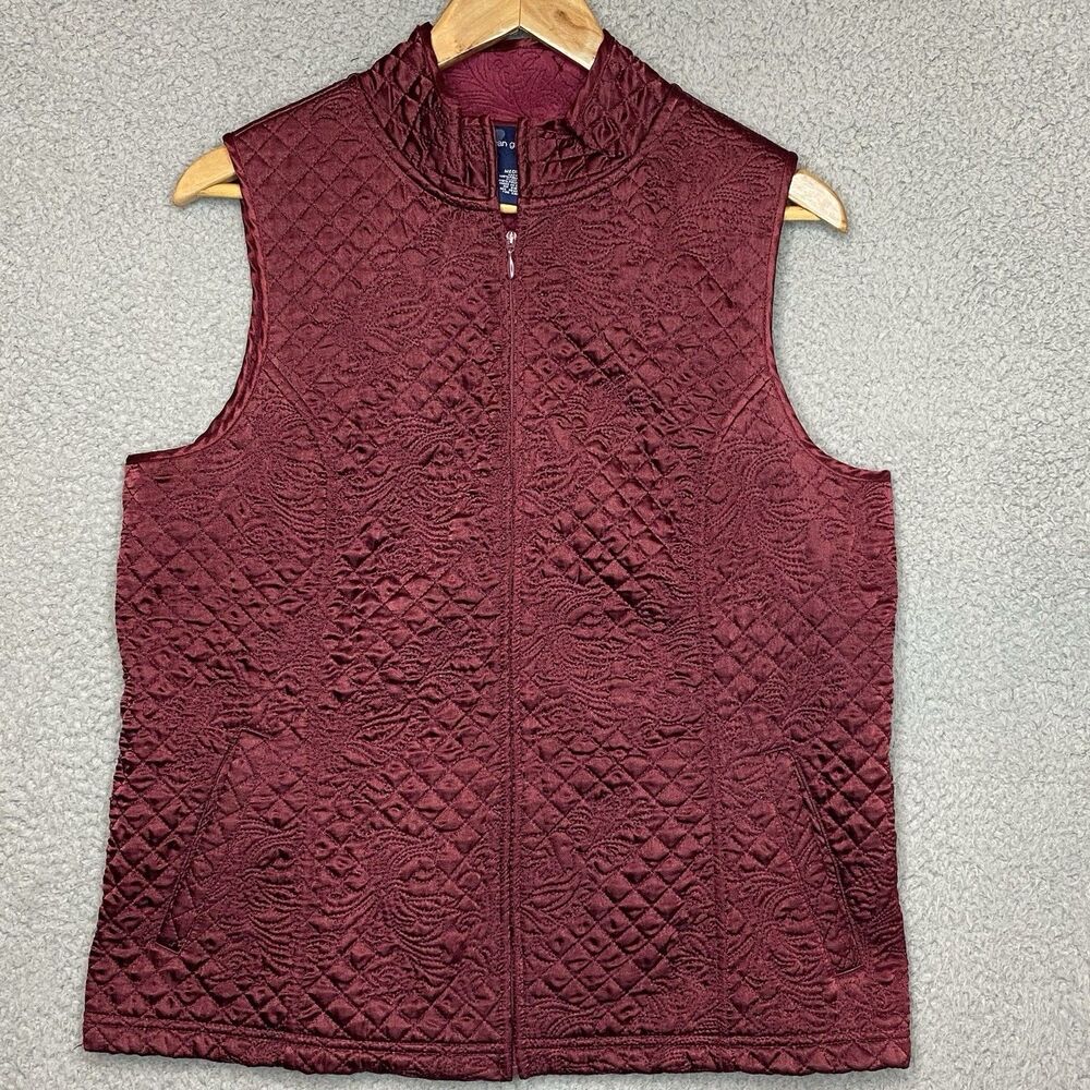 Susan Graver Quilted Cottagecore Layer Full Zip Vest Womens Size M Maroon Satin
